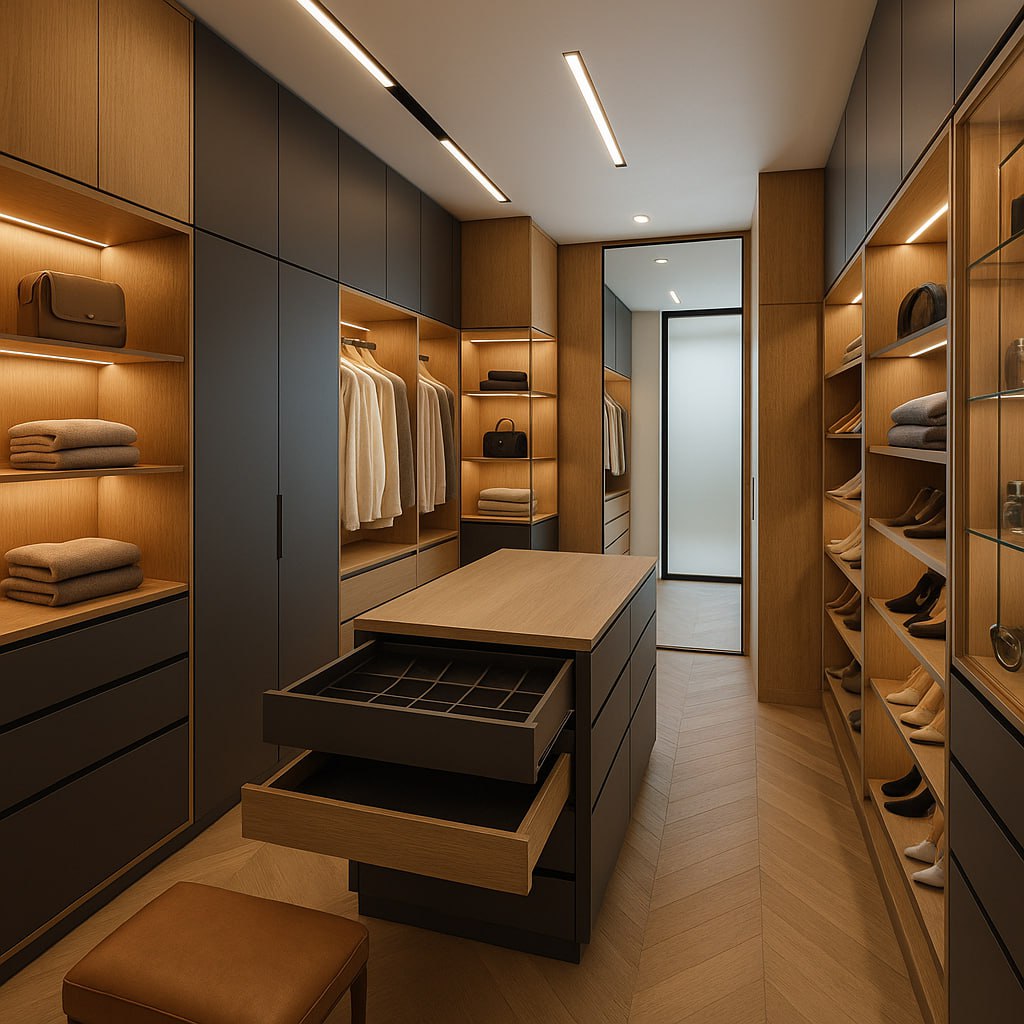 Dark luxury walk-in closet with island