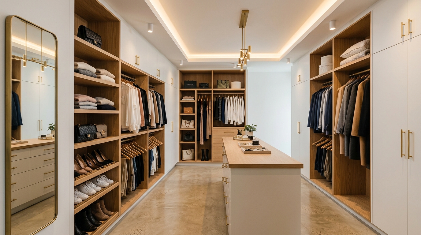 Bright walk-in closet with gold hardware