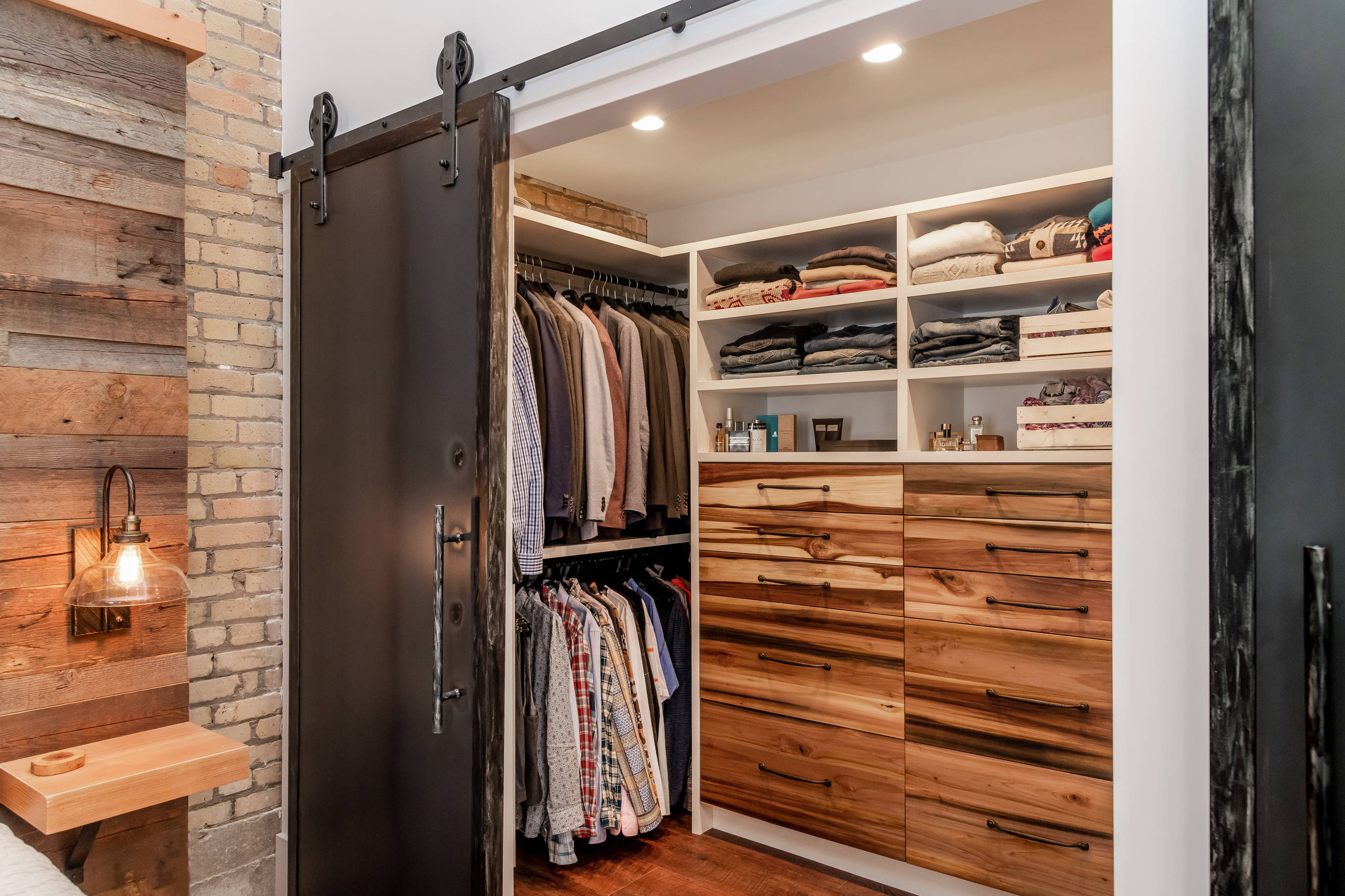Elegant white walk-in closet with center island